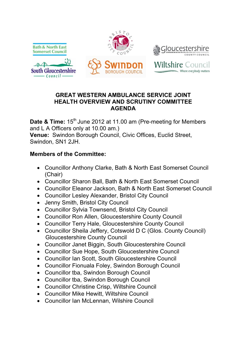 Great Western Ambulance Service Joint Health Overview and Scrutiny Committee Agenda