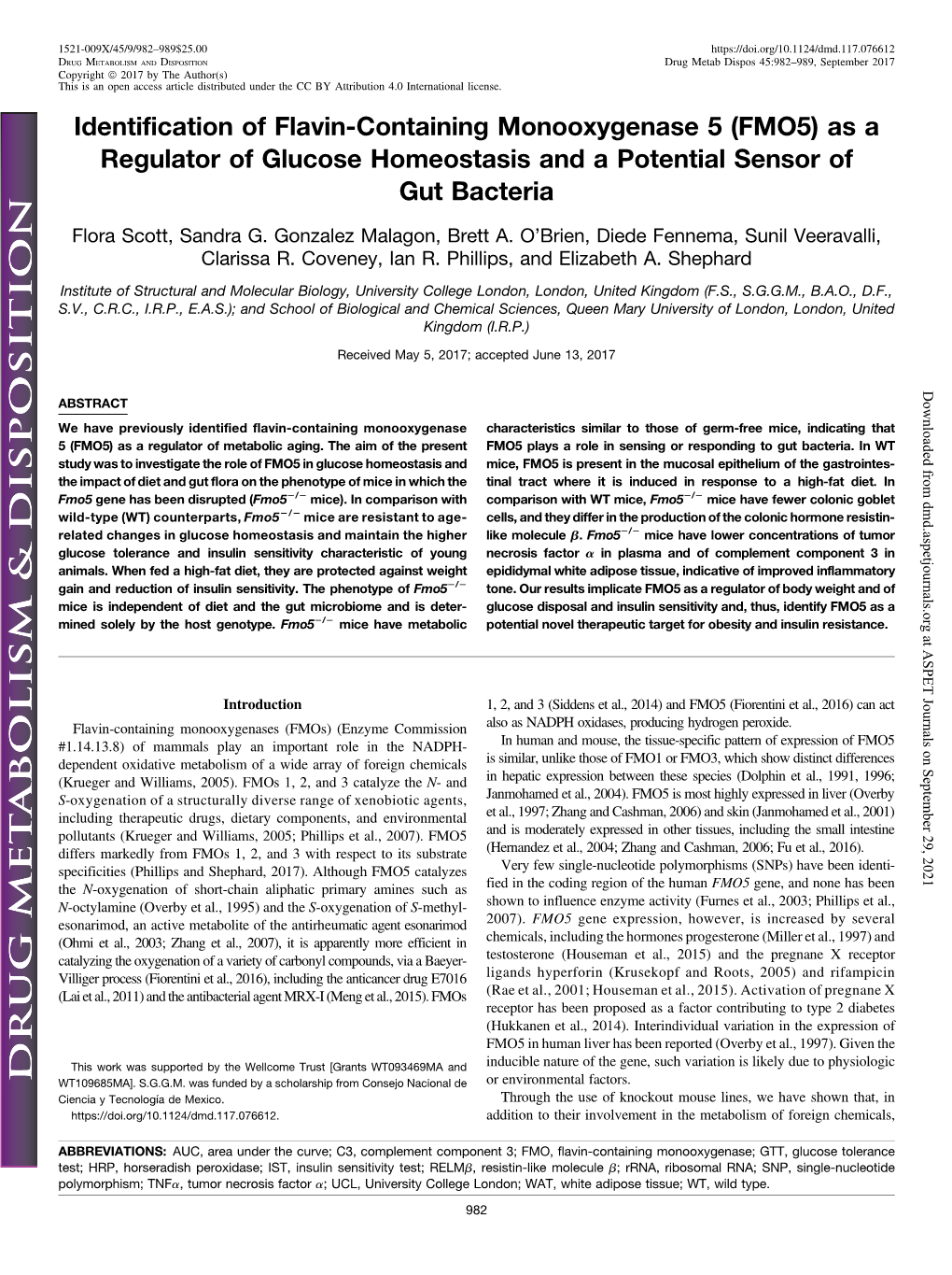 Identification of Flavin-Containing Monooxygenase 5 (FMO5) As a Regulator of Glucose Homeostasis and a Potential Sensor of Gut Bacteria