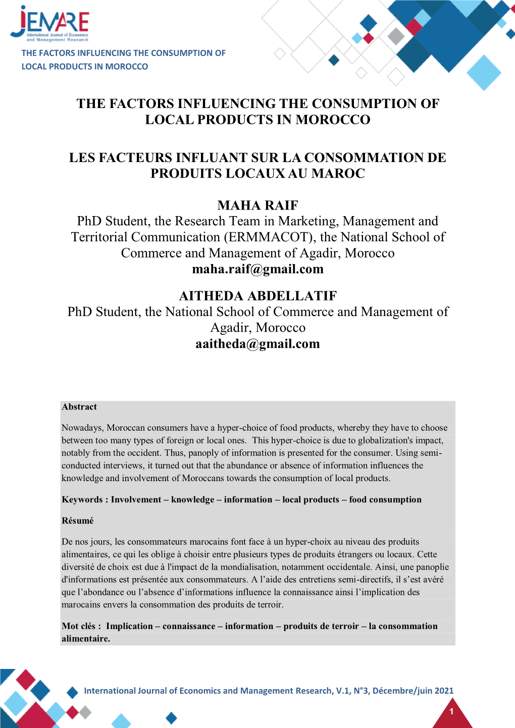 The Factors Influencing the Consumption of Local Products in Morocco