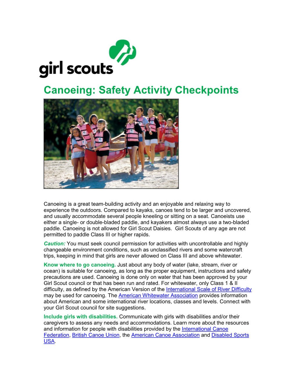Canoeing: Safety Activity Checkpoints