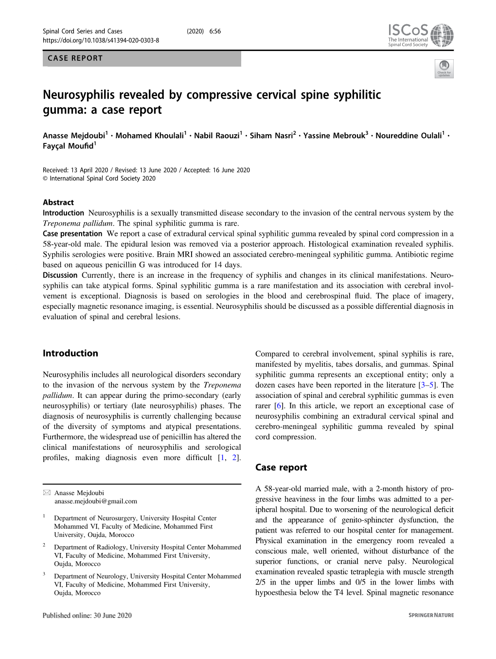 Neurosyphilis Revealed by Compressive Cervical Spine Syphilitic Gumma: a Case Report