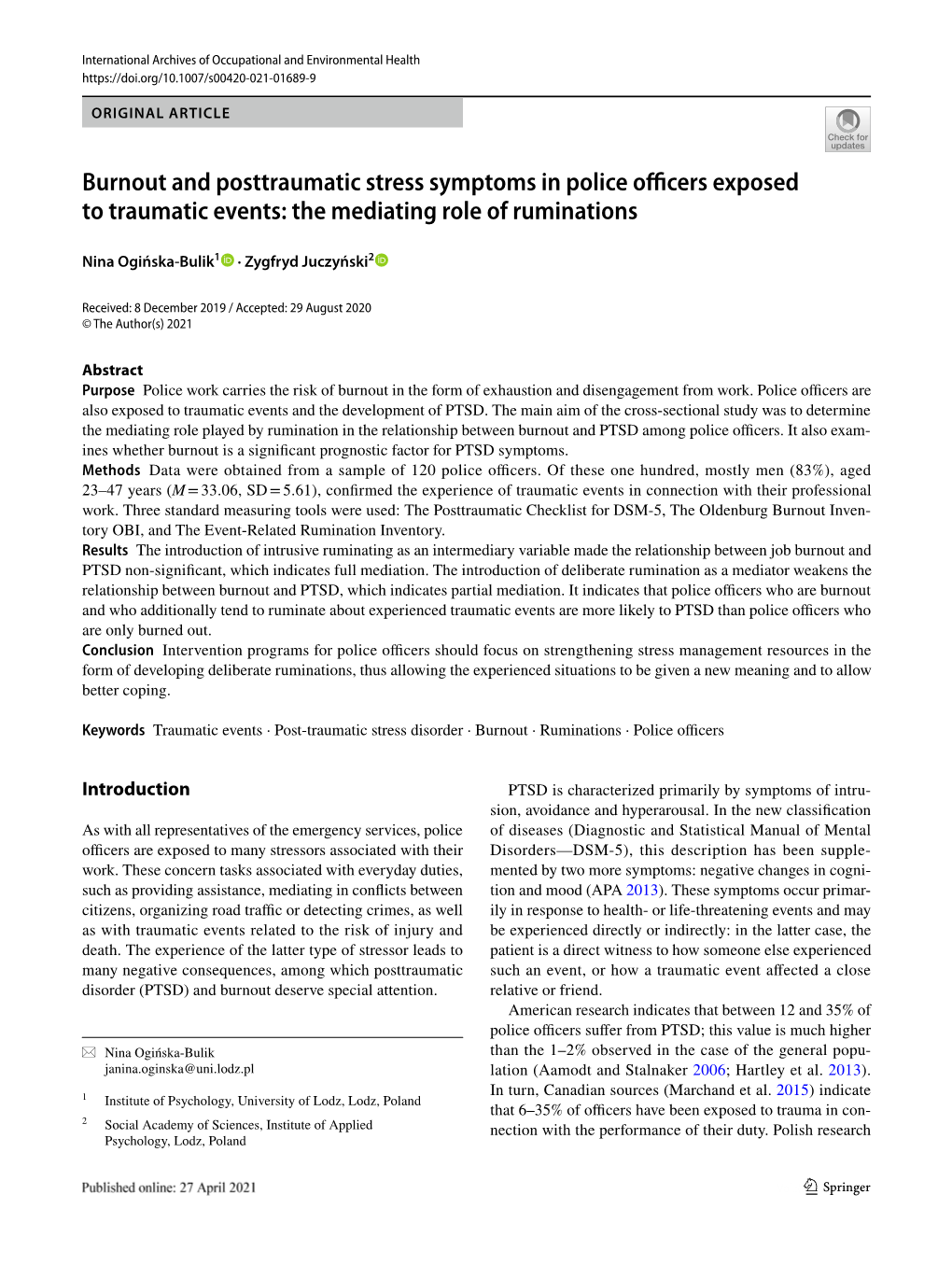 Burnout and Posttraumatic Stress Symptoms in Police Officers