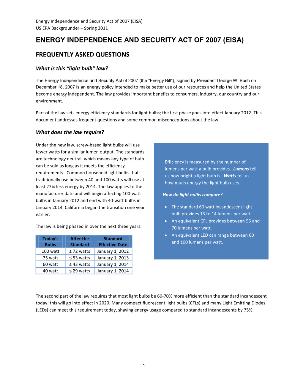 Energy Independence and Security Act of 2007 (EISA) US EPA Backgrounder – Spring 2011 ENERGY INDEPENDENCE and SECURITY ACT of 2007 (EISA) FREQUENTLY ASKED QUESTIONS