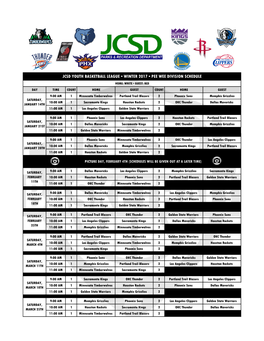 Jcsd Youth Basketball League Winter 2017 Pee Wee Division Schedule