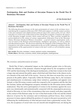 Participation, Role and Position of Slovenian Women in the World War II Resistance Movement