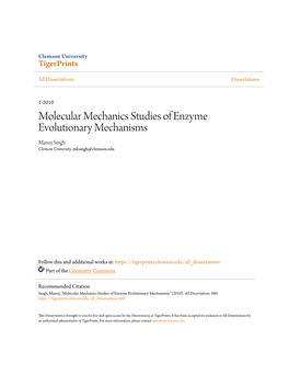 Molecular Mechanics Studies of Enzyme Evolutionary Mechanisms Manoj Singh Clemson University, Mksingh@Clemson.Edu