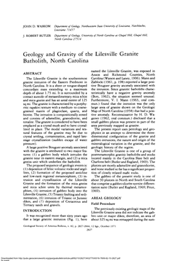 Geology and Gravity of the Lilesville Granite Batholith, North Carolina