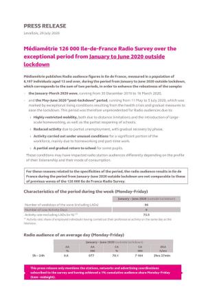 Médiamétrie 126 000 Ile-De-France Radio Survey Over the Exceptional Period from January to June 2020 Outside Lockdown