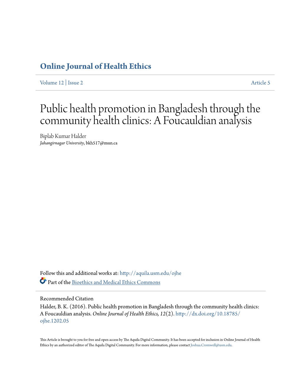 Public Health Promotion in Bangladesh Through the Community Health Clinics: a Foucauldian Analysis Biplab Kumar Halder Jahangirnagar University, Bkh517@Mun.Ca