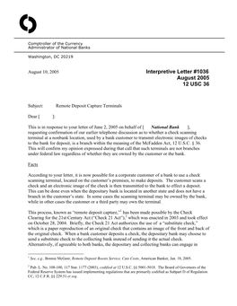 Interpretive Letter #1036 August 2005 12 USC 36