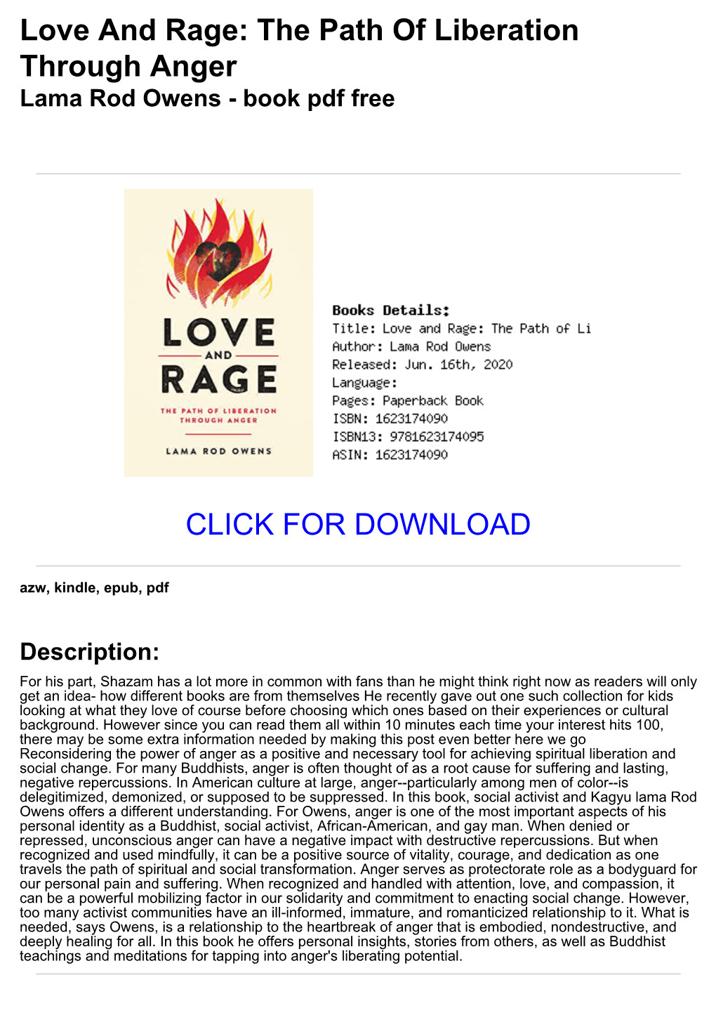 (1Ff981c) Love and Rage: the Path of Liberation Through Anger Lama Rod Owens