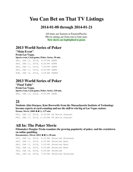 You Can Bet on That TV Listings 2014-01-08 Through 2014-01-21