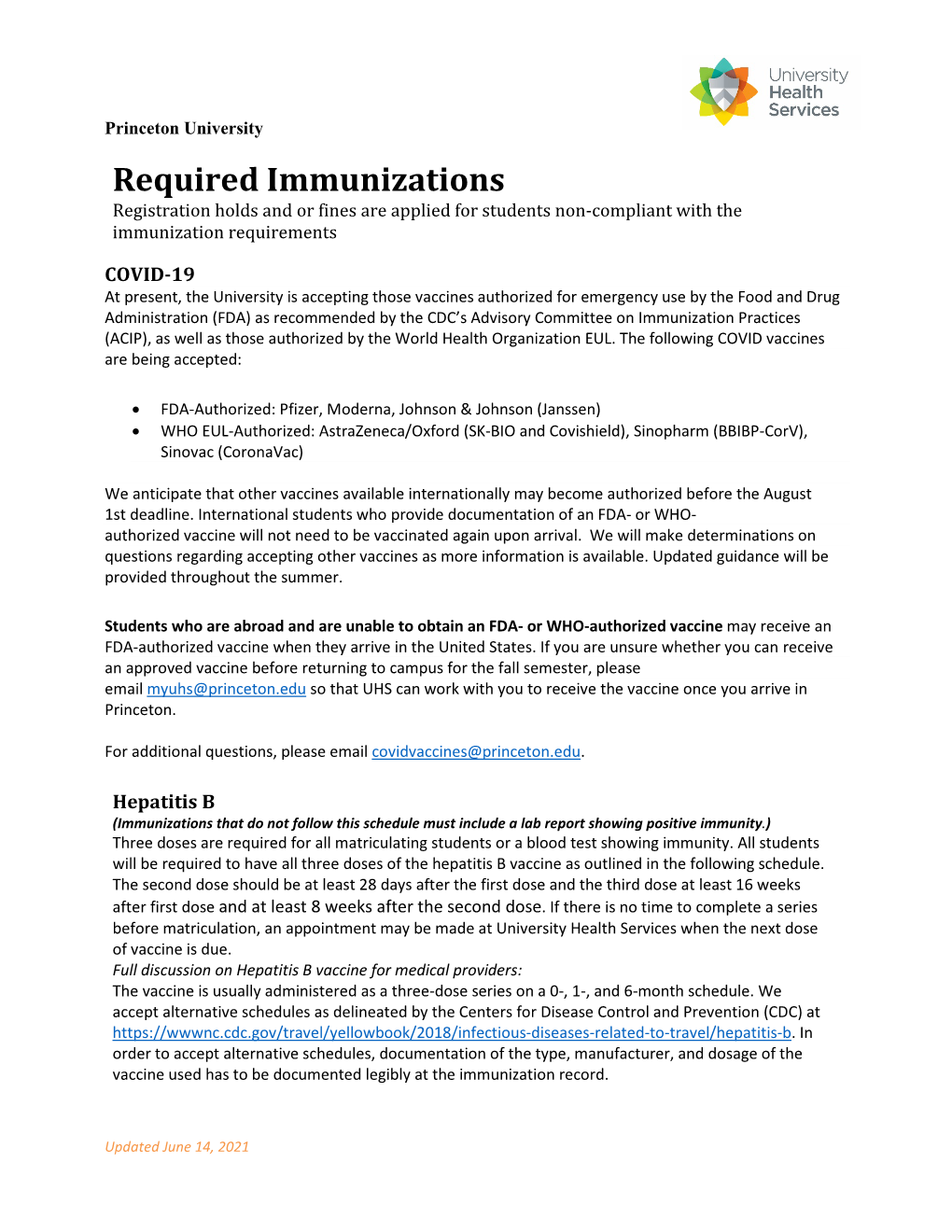 Required and Recommended Immunizations
