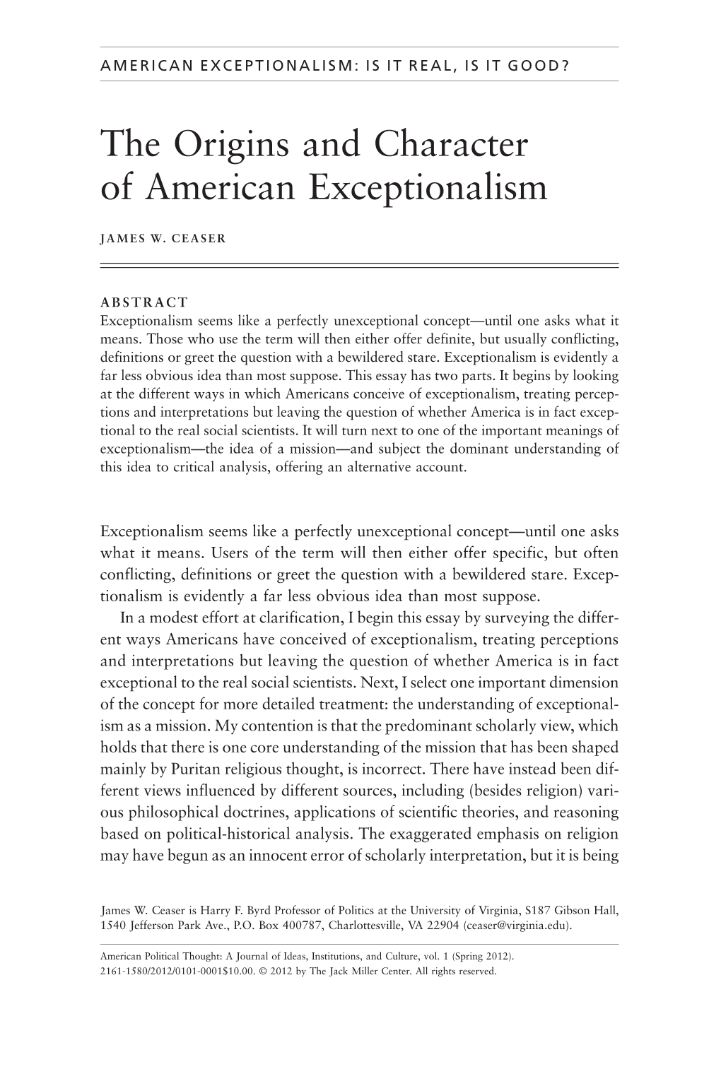 The Origins and Character of American Exceptionalism