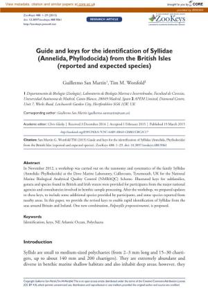 Guide and Keys for the Identification of Syllidae (Annelida, Phyllodocida) from the British Isles (Reported and Expected Species)