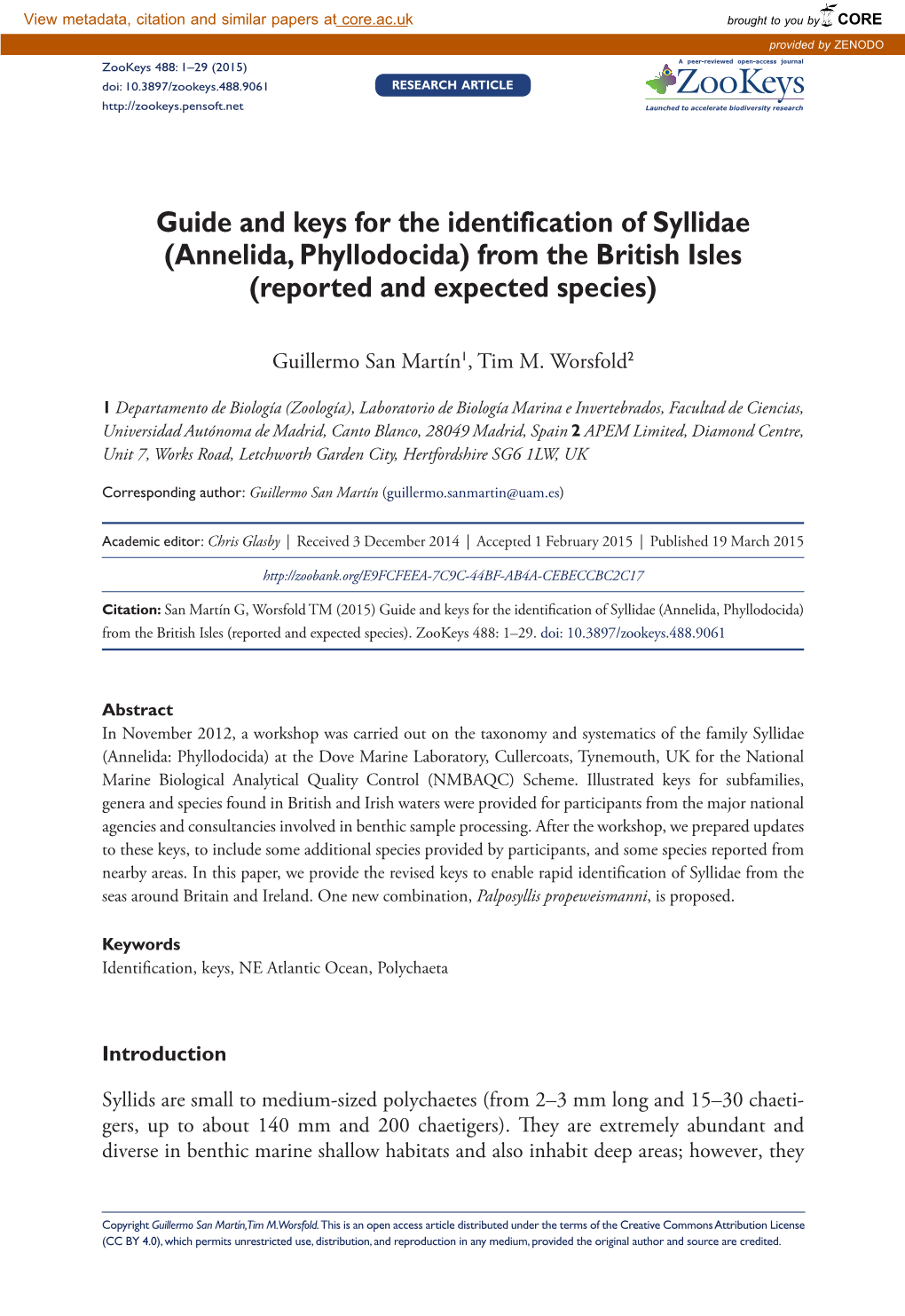 Guide and Keys for the Identification of Syllidae (Annelida, Phyllodocida) from the British Isles (Reported and Expected Species)