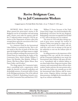 Revive Bridgman Case, Try to Jail Communist Workers