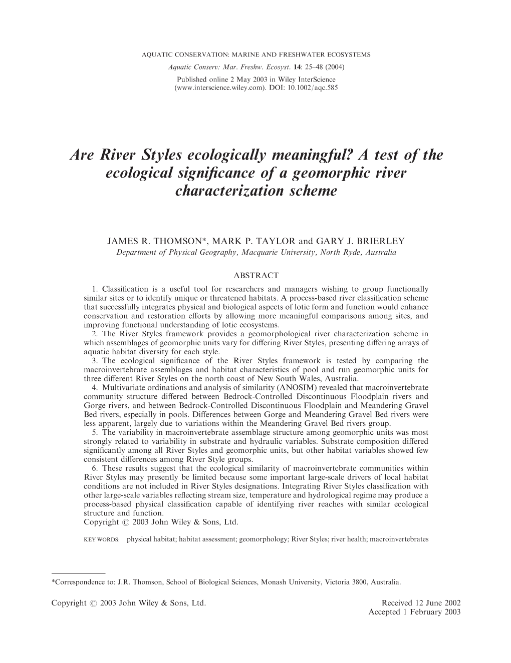 A Test of the Ecological Significance of a Geomorphic River Characterization