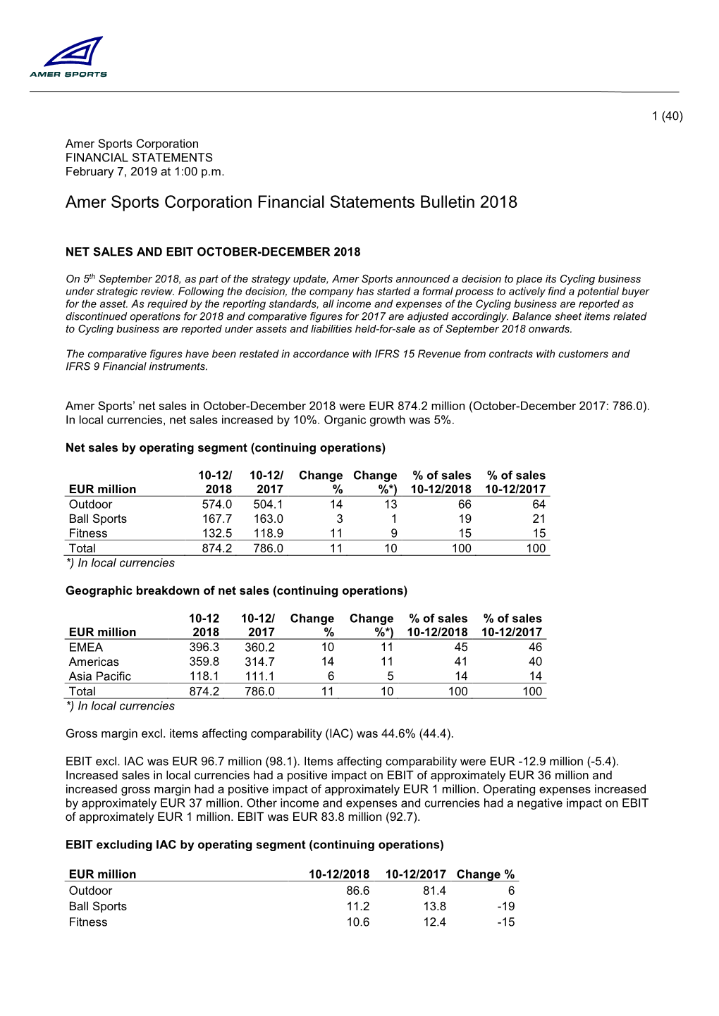 Amer Sports Interim Report