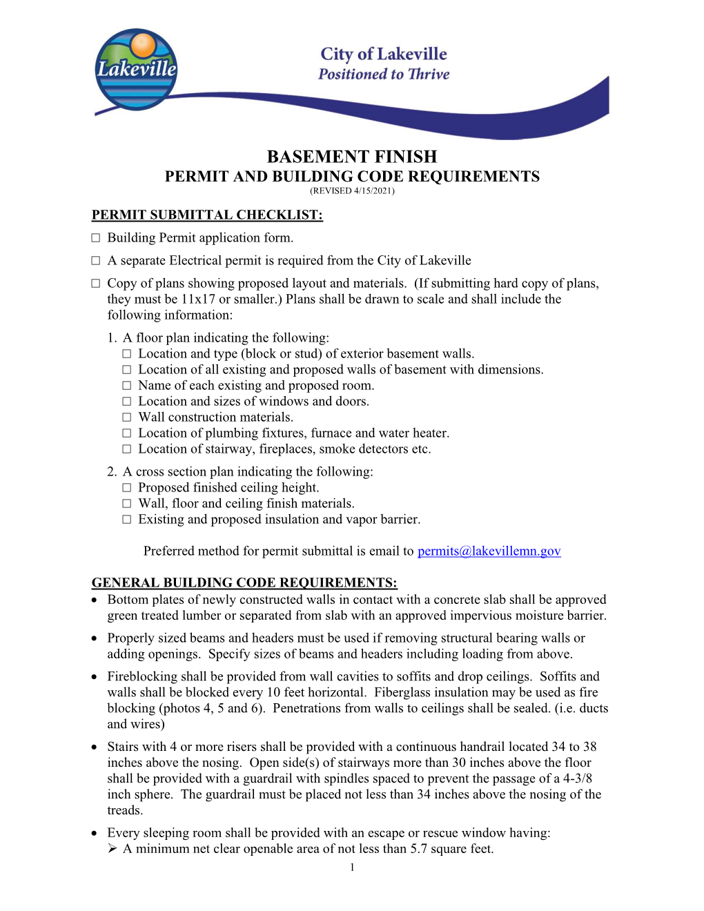 Basement Finish Permit and Building Code Requirements (Revised 4/15/2021)