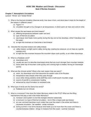 AOSC 200: Weather and Climateанаdiscussion Quiz 2 Review Answers