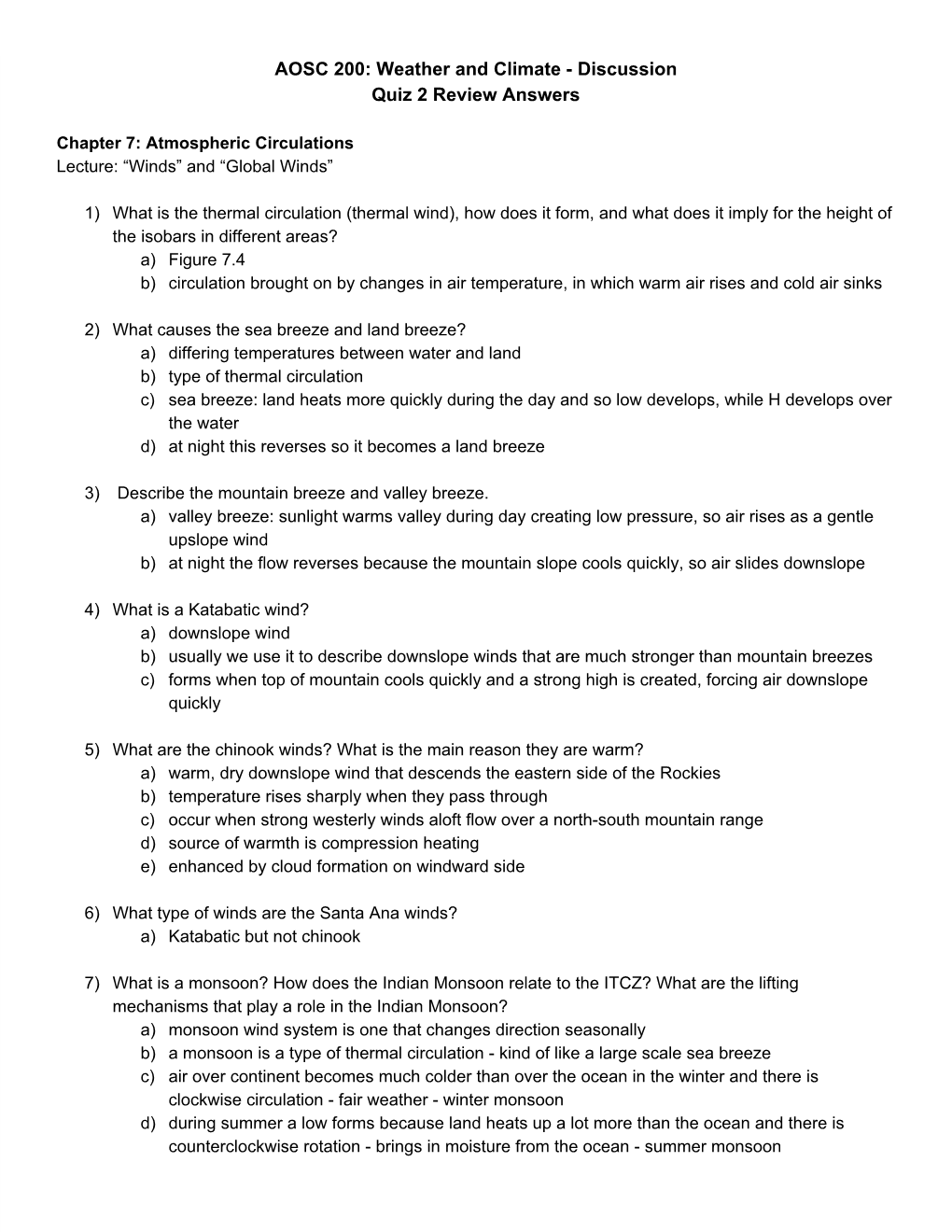 AOSC 200: Weather and Climateанаdiscussion Quiz 2 Review Answers