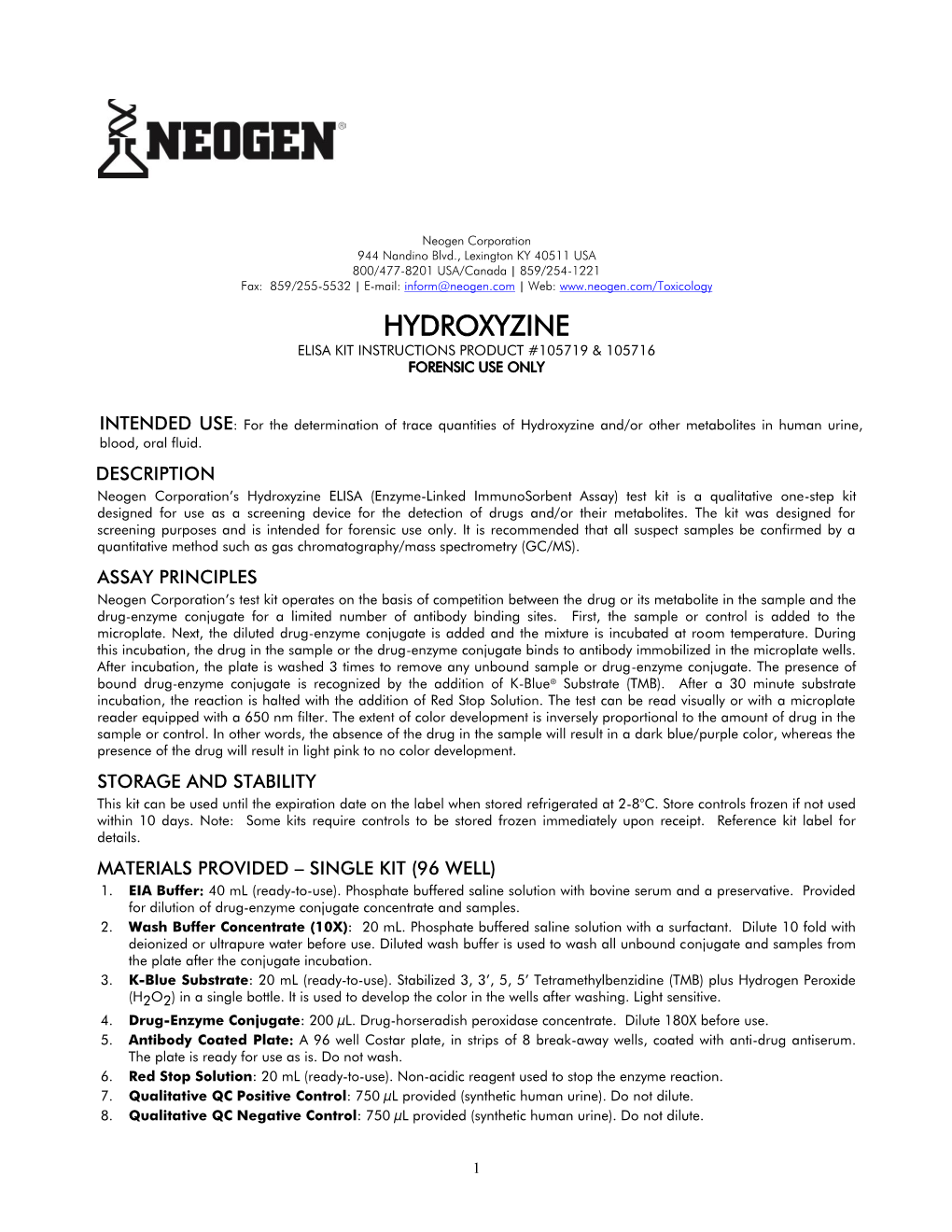 Hydroxyzine Elisa Kit Instructions Product #105719 & 105716 Forensic Use Only