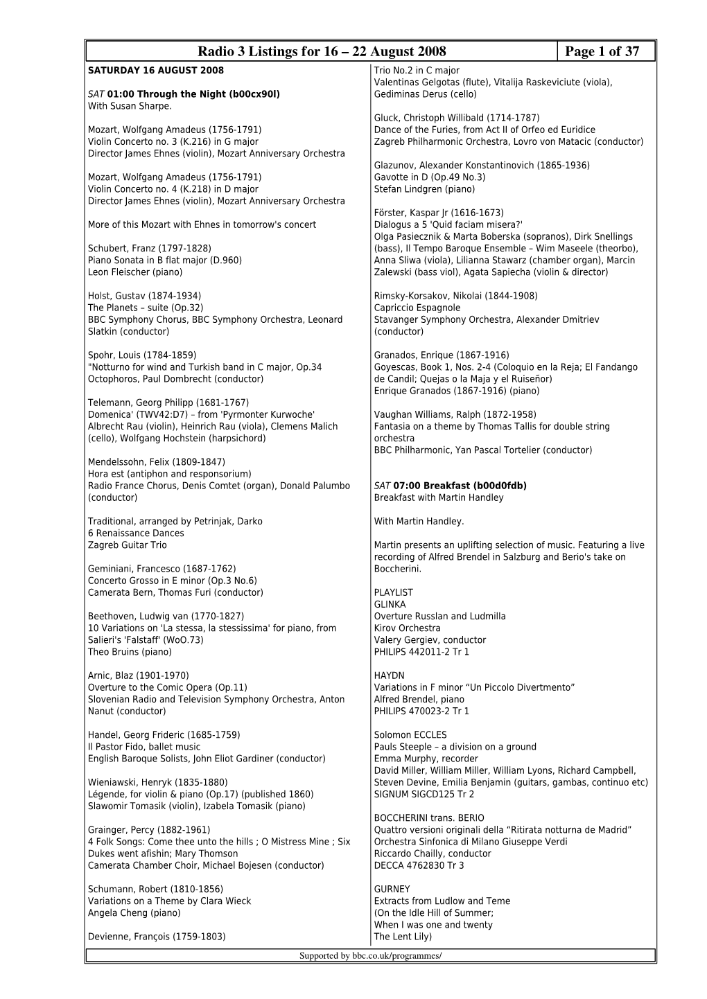 Radio 3 Listings for 16 – 22 August 2008 Page 1 of 37