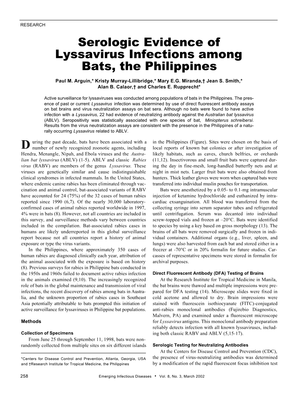 Serologic Evidence of Lyssavirus Infections Among Bats, the Philippines Paul M