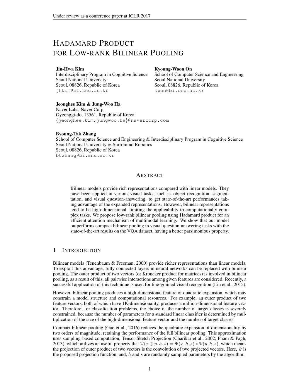 Hadamard Product for Low-Rank Bilinear Pooling