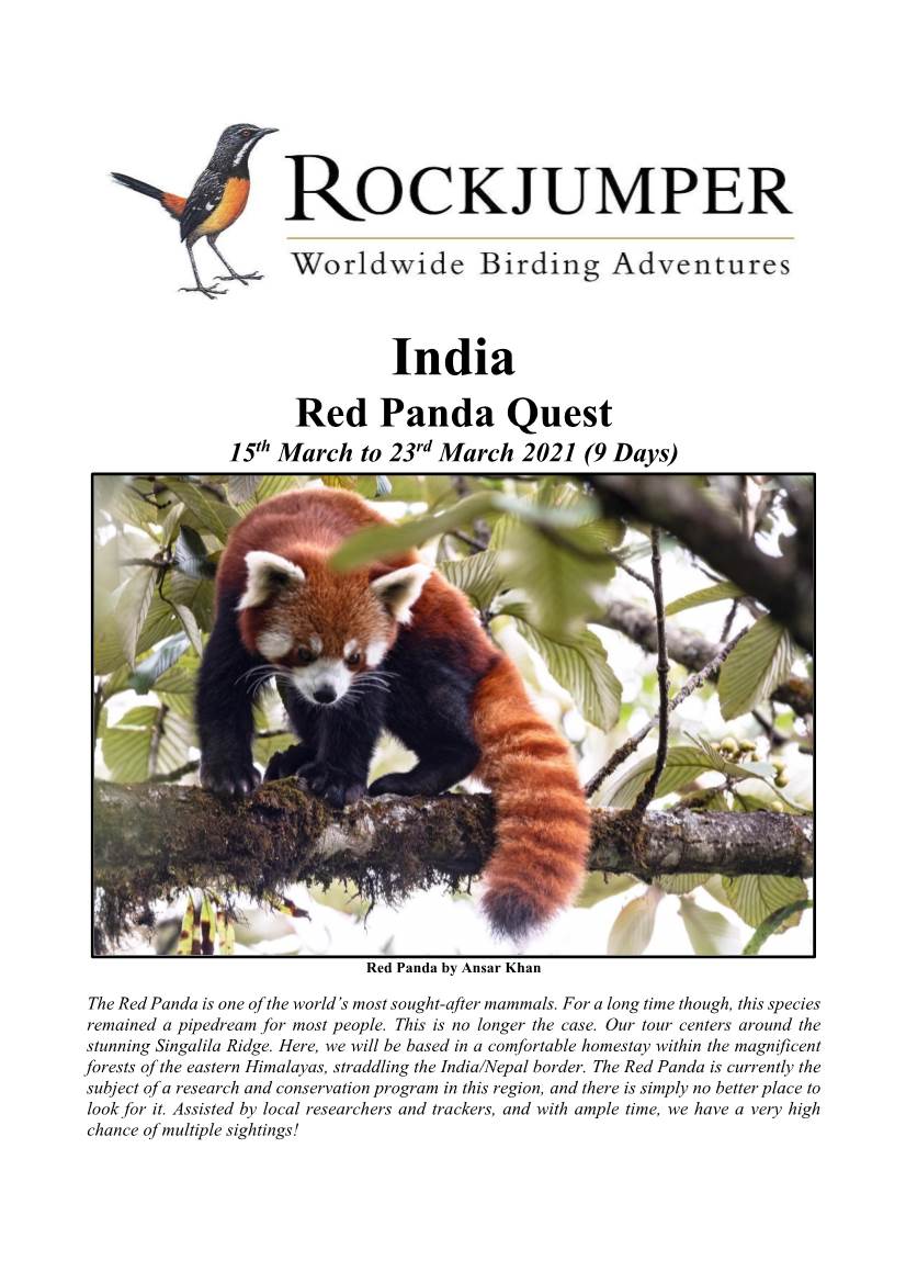 Red Panda Quest 15Th March to 23Rd March 2021 (9 Days)