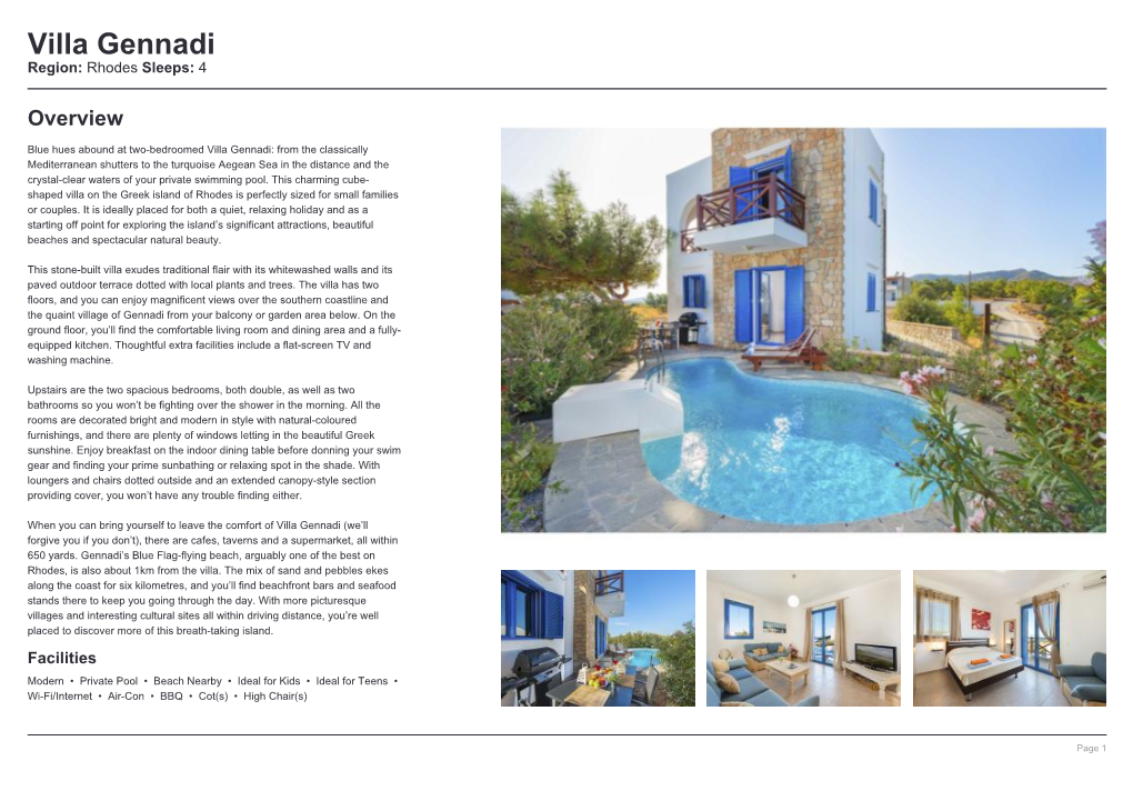 Villa Gennadi Region: Rhodes Sleeps: 4