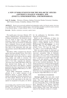A New Junior Synonym for the Holarctic Species Ametropus Fragilis Albarda, 1878 (Insecta: Ephemeroptera: Ametropodidae)