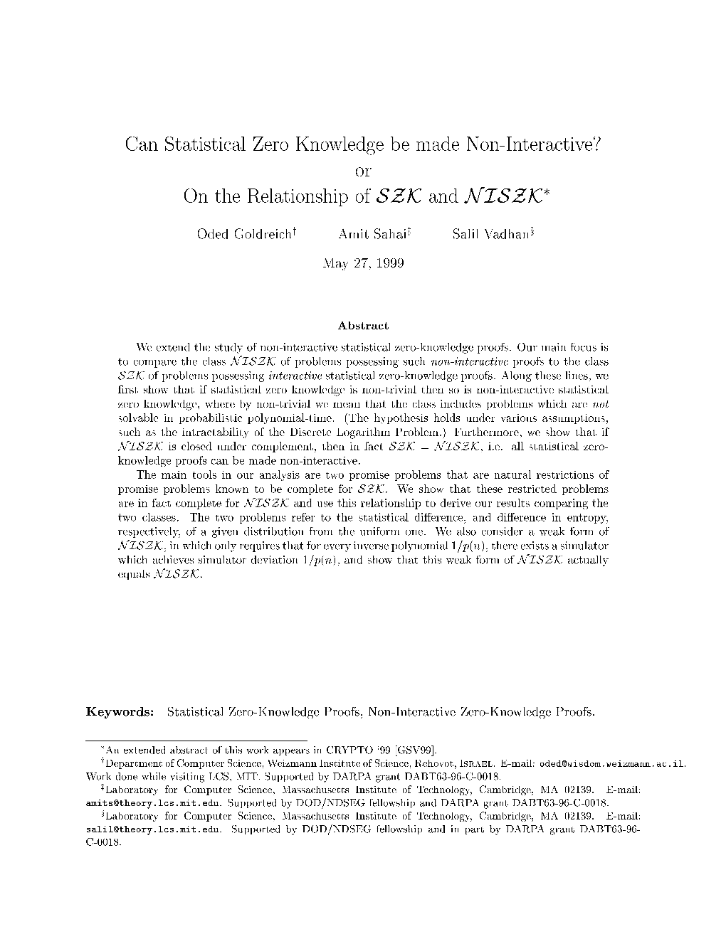Can Statistical Zero Knowledge Be Made Non-Interactive? Or on The