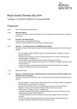 Royal Society Diversity Day 2014 Tuesday 17 June 2014, Wellcome Trust Lecture Hall