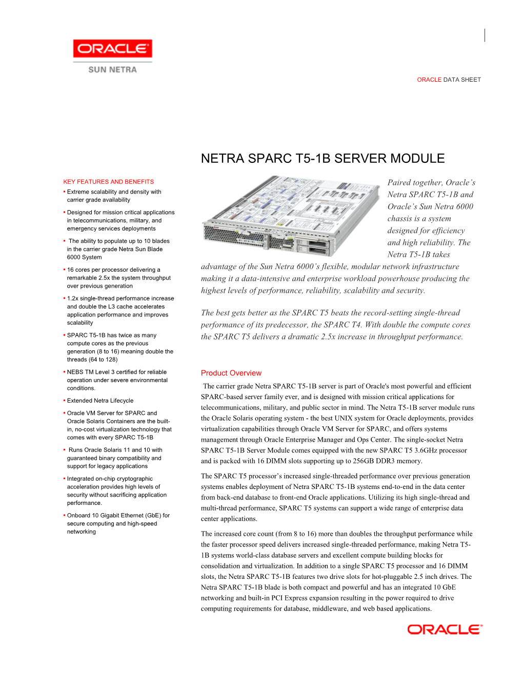 Netra SPARC T5-1B Server Module Data Sheet