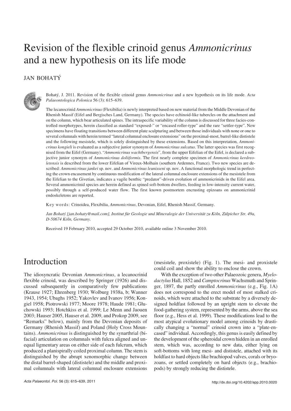 Revision of the Flexible Crinoid Genus Ammonicrinus and a New Hypothesis on Its Life Mode