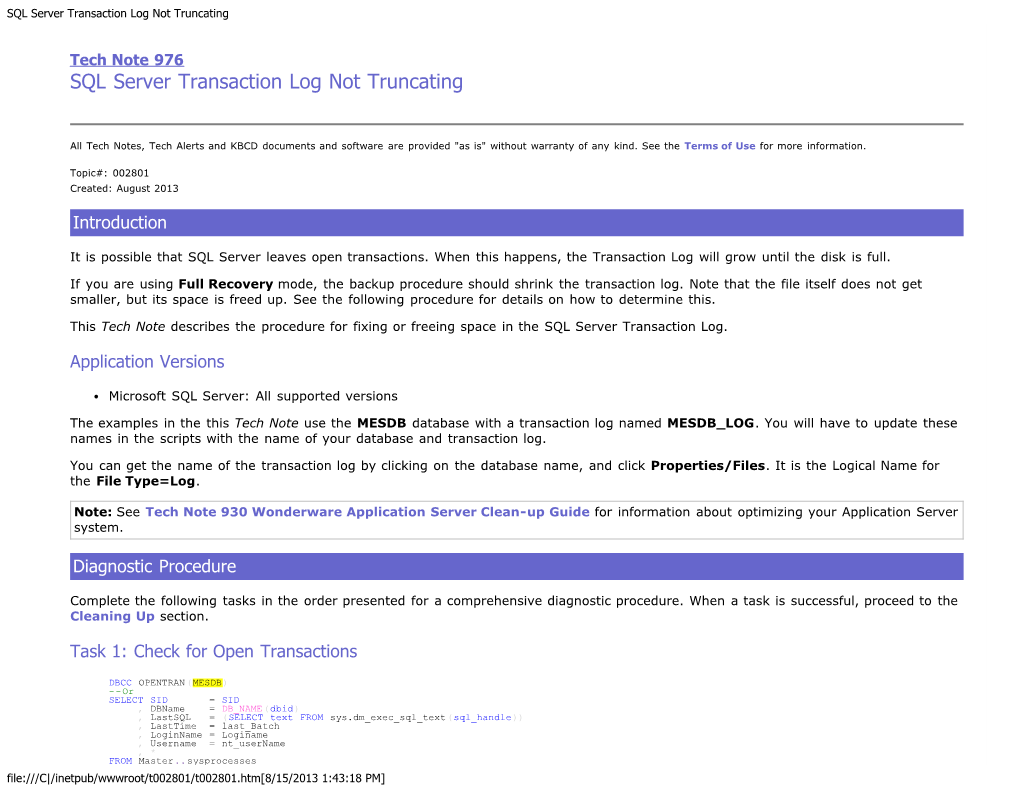 SQL Server Transaction Log Not Truncating