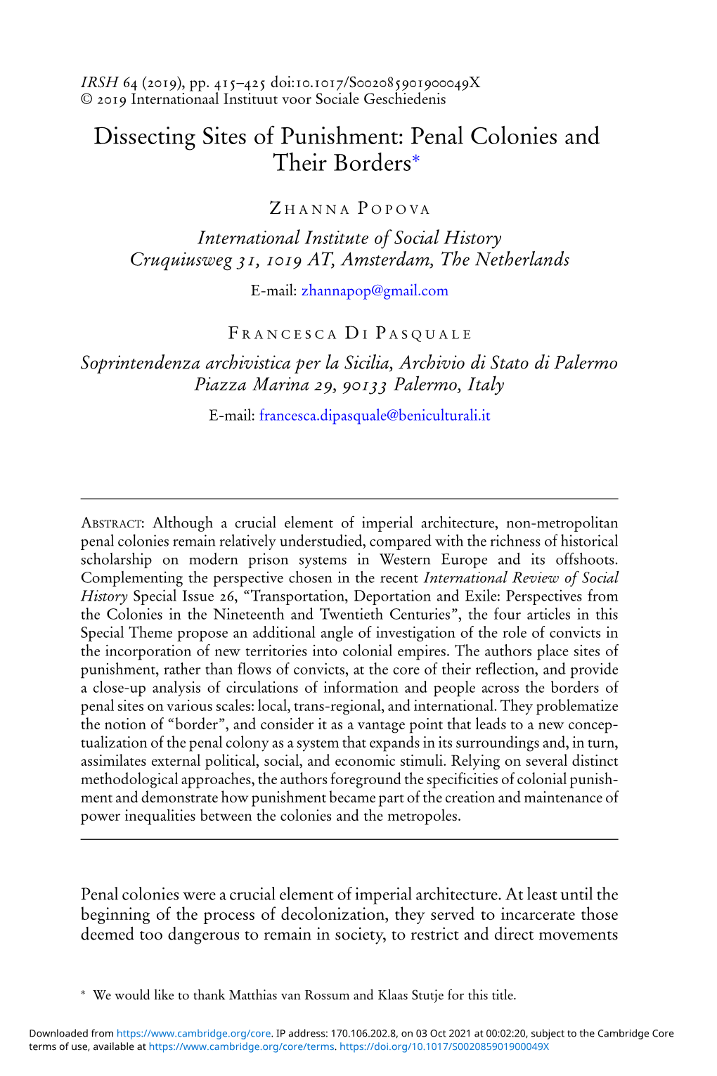 Dissecting Sites of Punishment: Penal Colonies and Their Borders∗