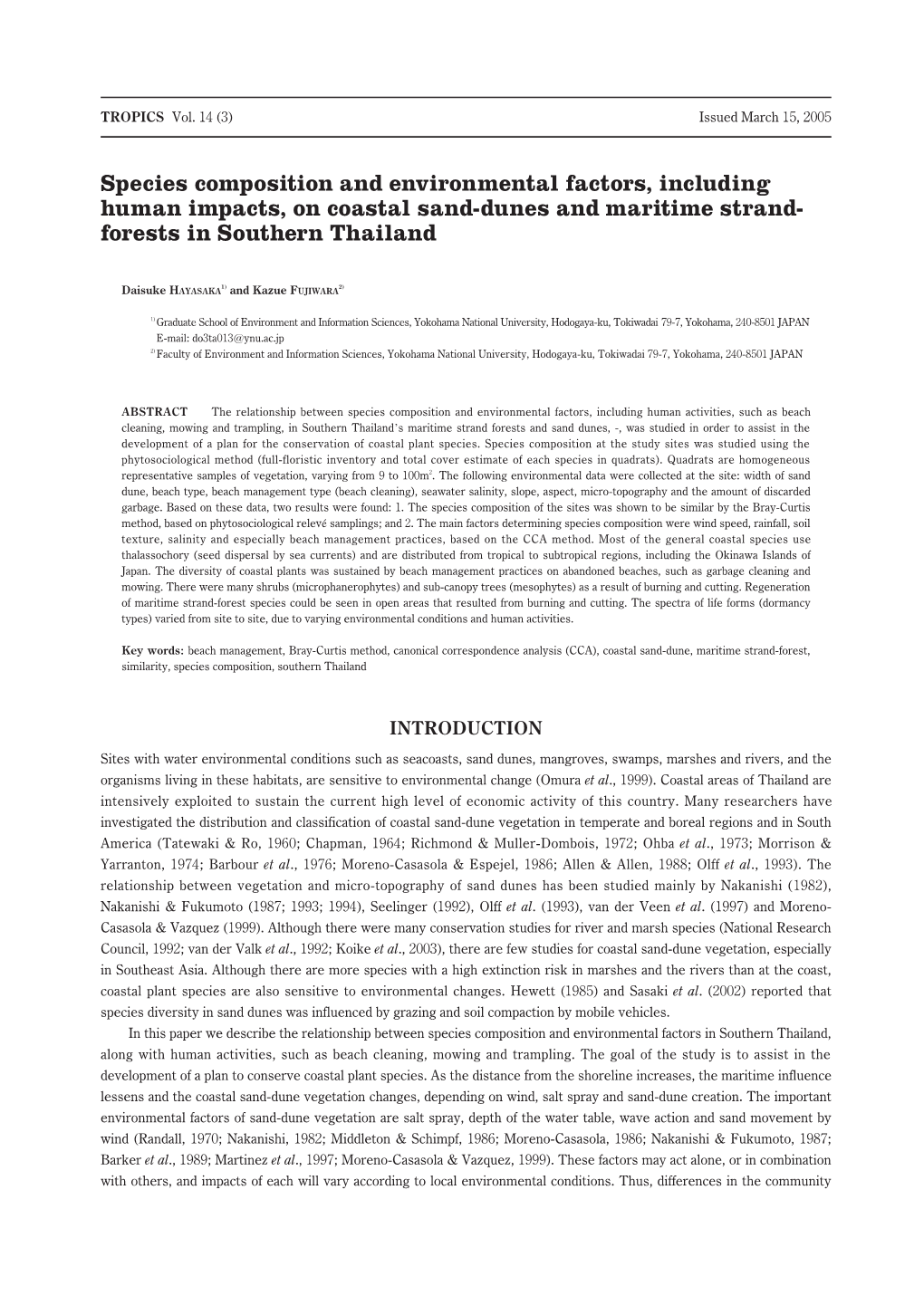 Species Composition and Environmental Factors, Including Human Impacts, on Coastal Sand-Dunes and Maritime Strand- Forests in Southern Thailand