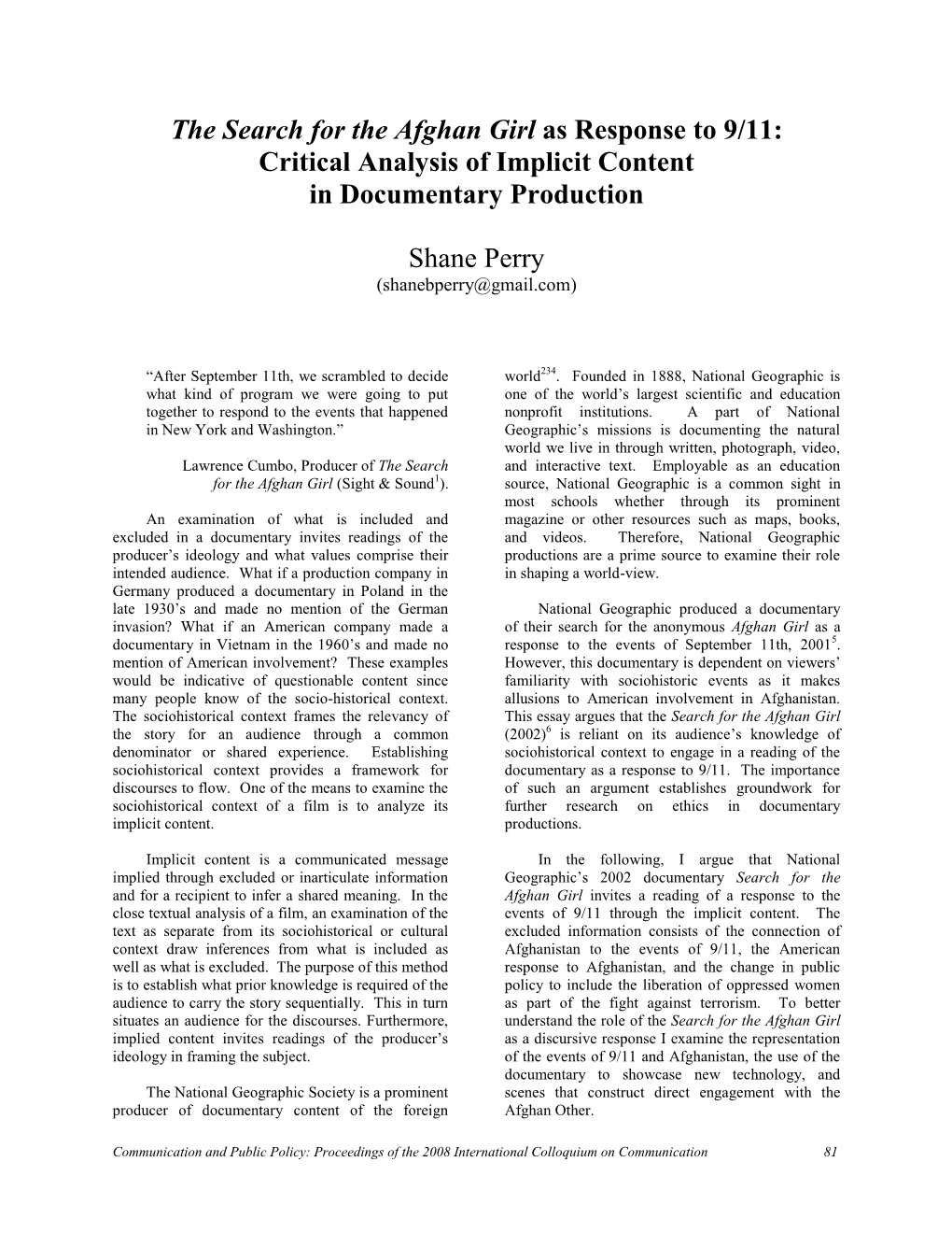 The Search for the Afghan Girl As Response to 9/11: Critical Analysis of Implicit Content in Documentary Production