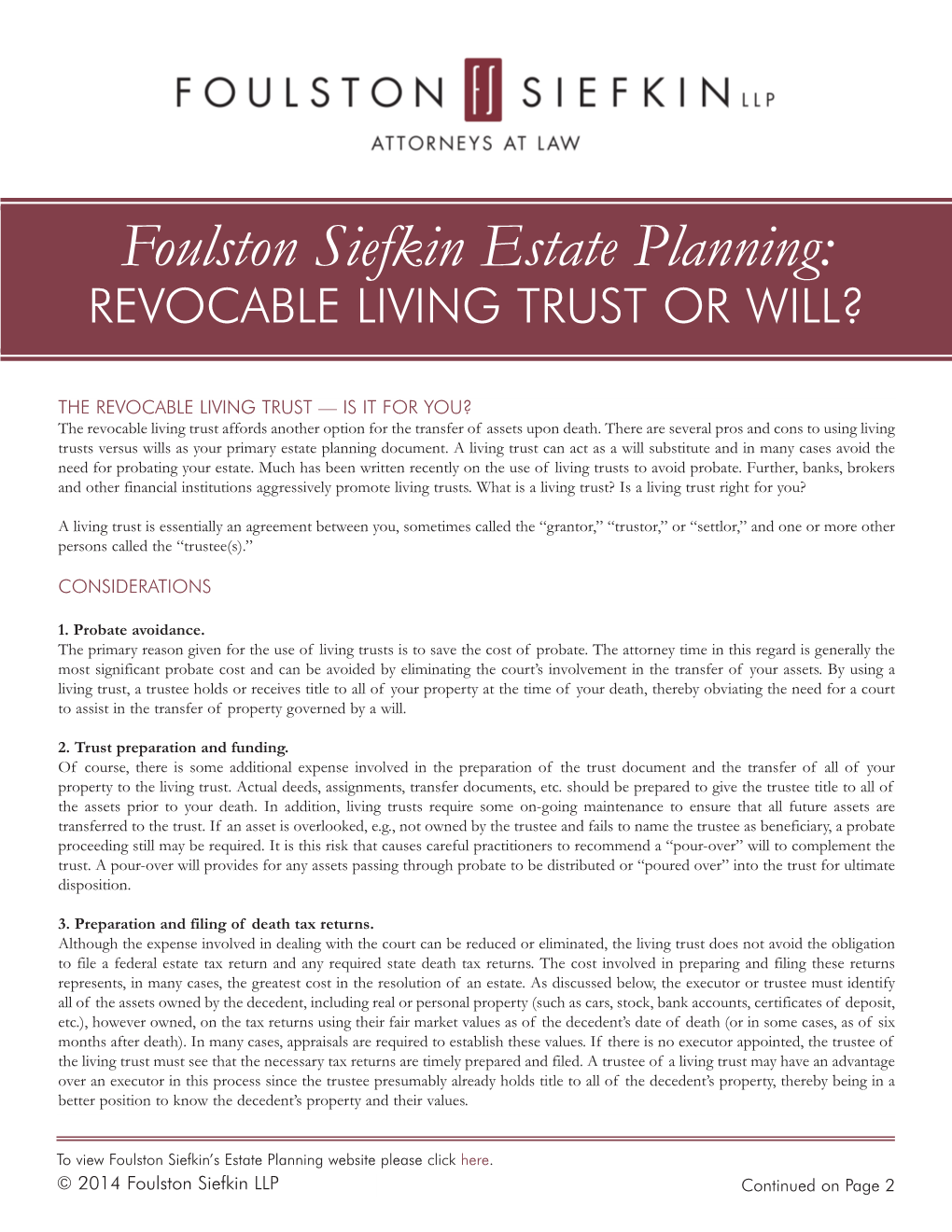 Foulston Siefkin Estate Planning: REVOCABLE LIVING TRUST OR WILL?