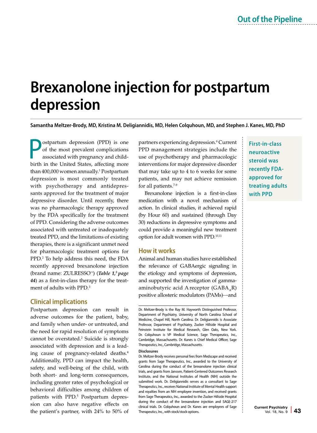 Brexanolone Injection for Postpartum Depression