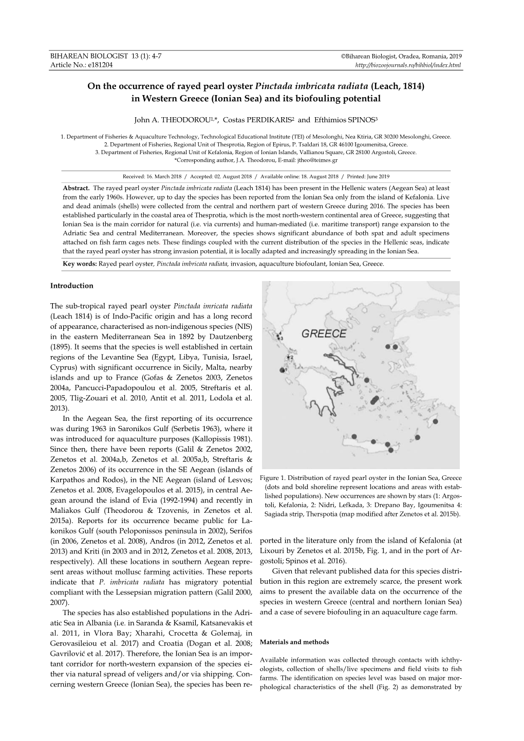 On the Occurrence of Rayed Pearl Oyster Pinctada Imbricata Radiata (Leach, 1814) in Western Greece (Ionian Sea) and Its Biofouling Potential