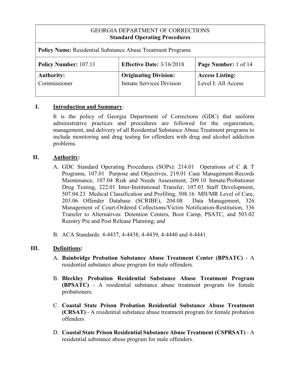 GEORGIA DEPARTMENT of CORRECTIONS Standard Operating Procedures