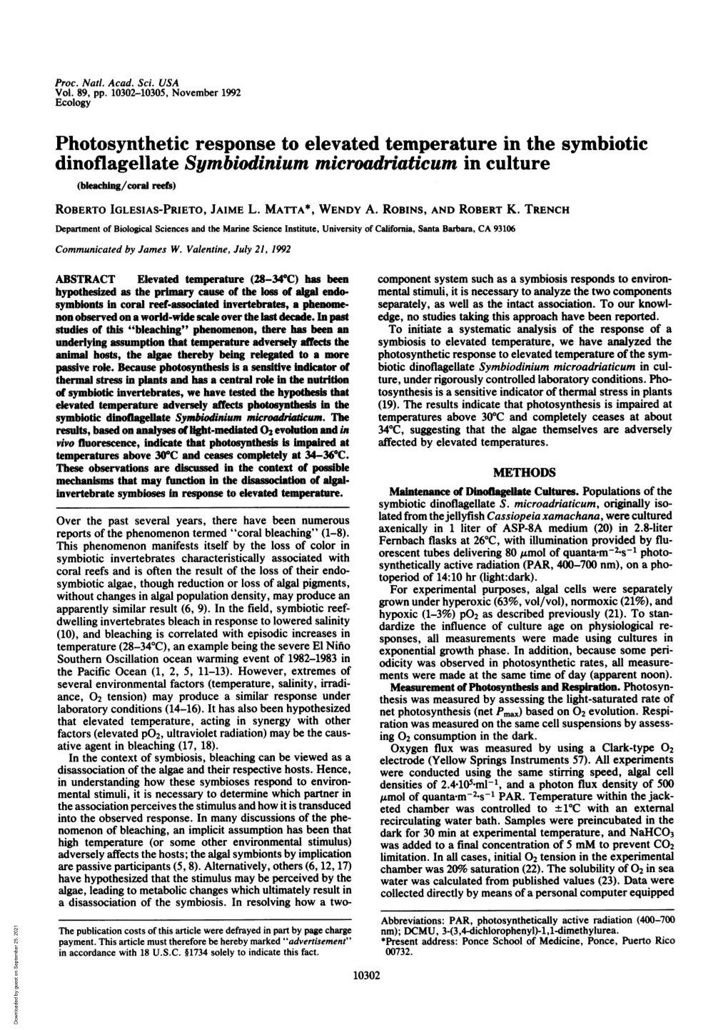 Dinoflagellate Symbiodinium Microadriaticum in Culture (Bleaching/Coral Reefs) ROBERTO IGLESIAS-PRIETO, JAIME L