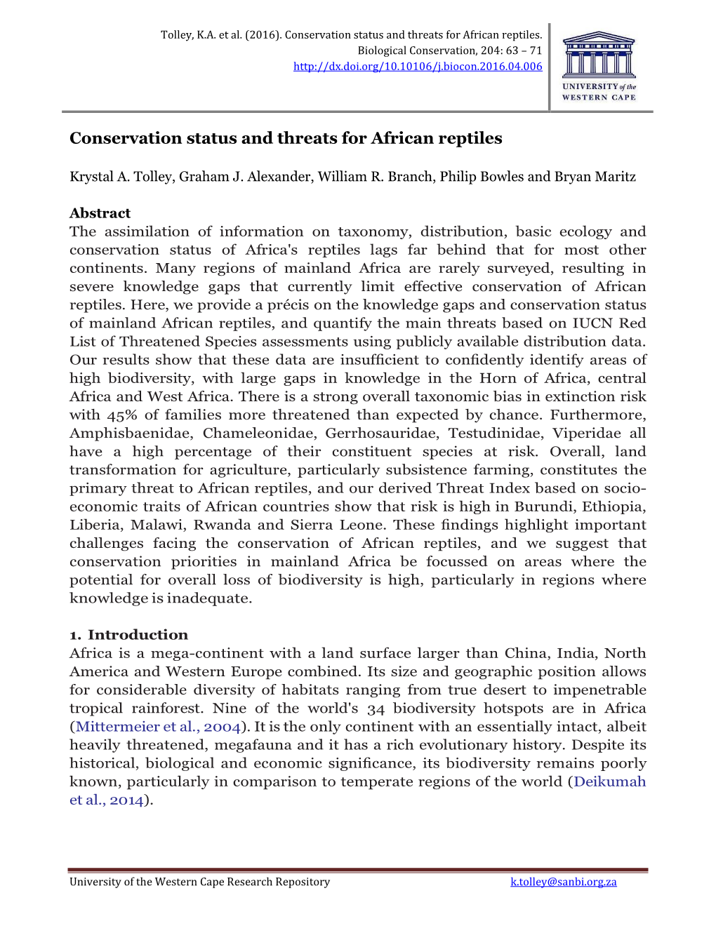 Conservation Status and Threats for African Reptiles