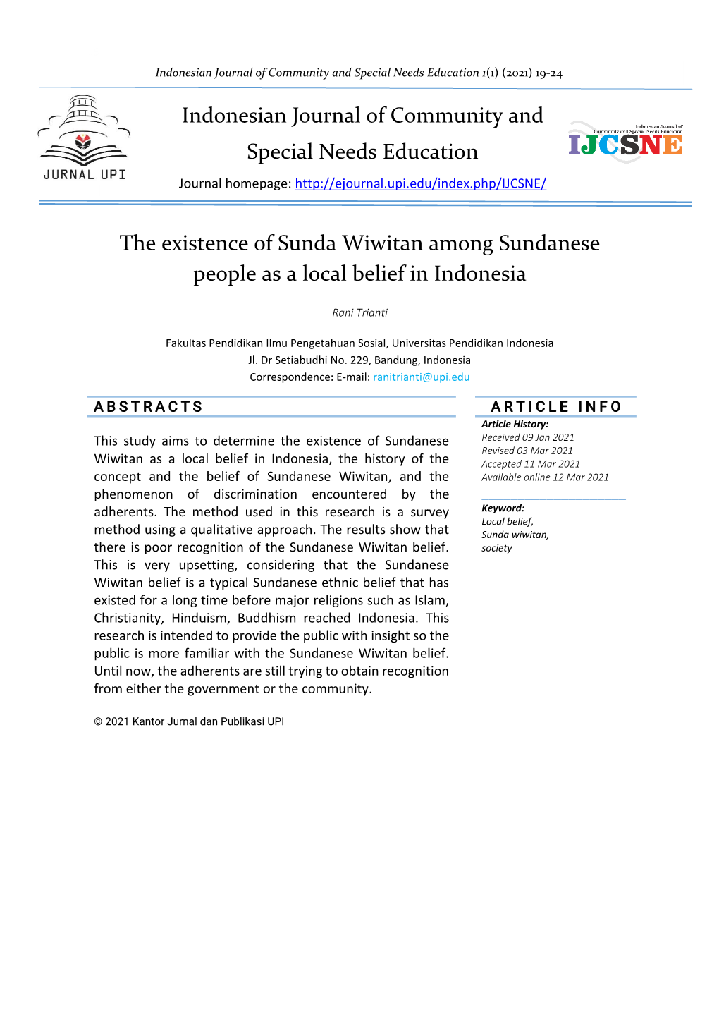 The Existence of Sunda Wiwitan Among Sundanese People As a Local Belief in Indonesia