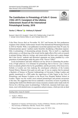 The Contributions to Primatology of Colin P. Groves (1942–2017): Corecipient of the Lifetime Achievement Award of the International Primatological Society, 2018