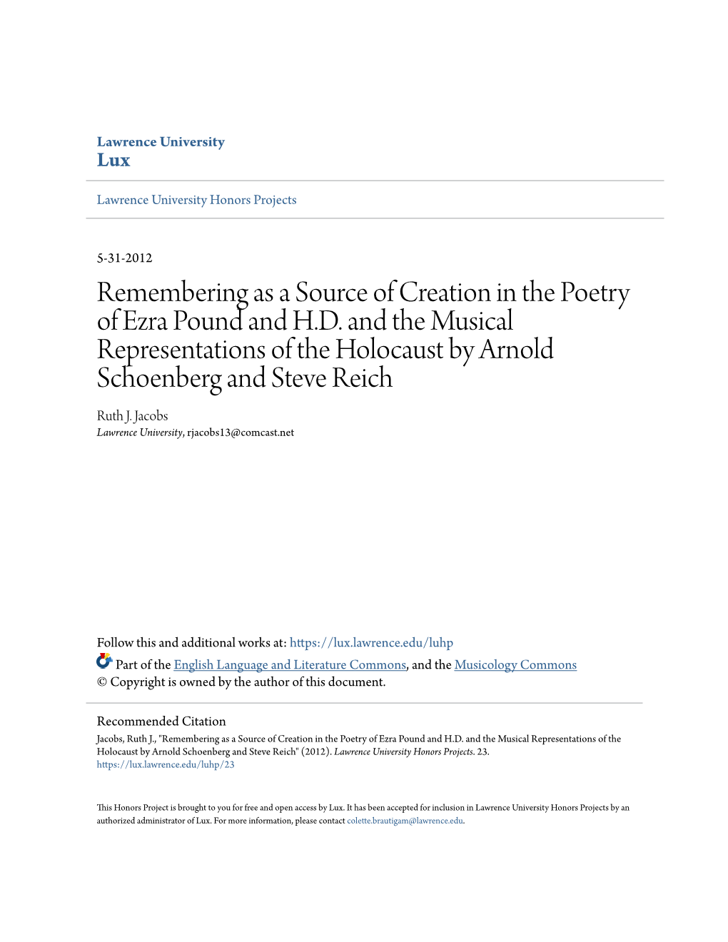 Remembering As a Source of Creation in the Poetry of Ezra Pound and H.D